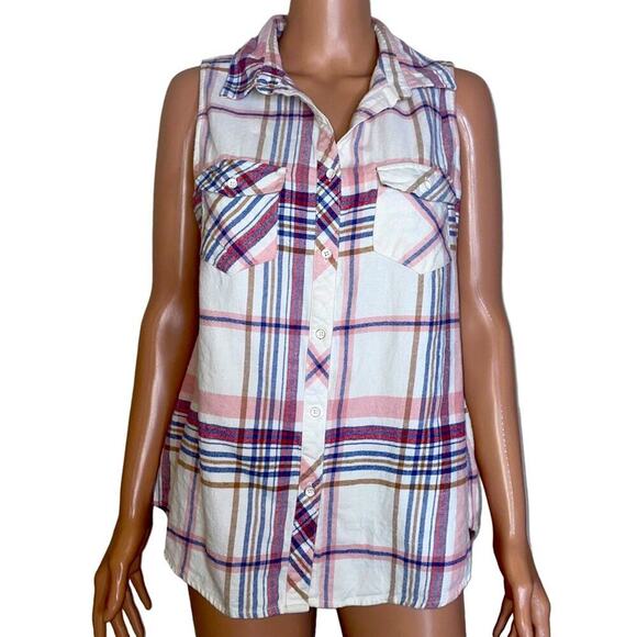 Shyanne western style plaid button up collared sleeveless top SZ M - Picture 2 of 6